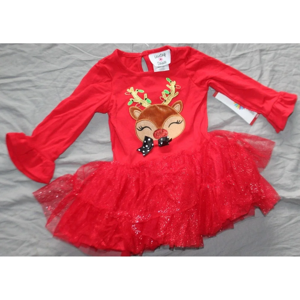 Counting Daisies Girls Christmas Reindeer Dress top 18 months